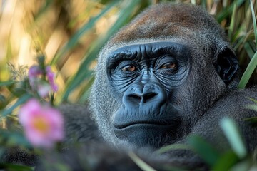 Obraz premium A thoughtful silverback gorilla is resting among green foliage and flowers