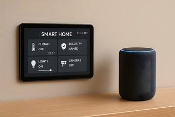 A smart home control hub with wall tablet, voice assistant, and hidden wiring