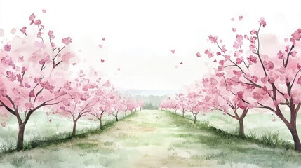 Fototapeta premium A painting of a path through a field of pink cherry blossoms