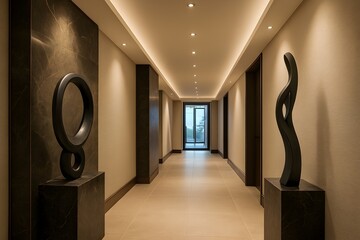 A luxury apartment hallway with recessed lighting and abstract sculptures