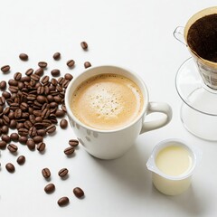 Obraz premium White Coffee Ipoh White Coffee (Malaysia) A porcelain cup with light brown frothy coffee, surrounded by coffee beans, condensed milk, and a brewing sock filter, all on a white background