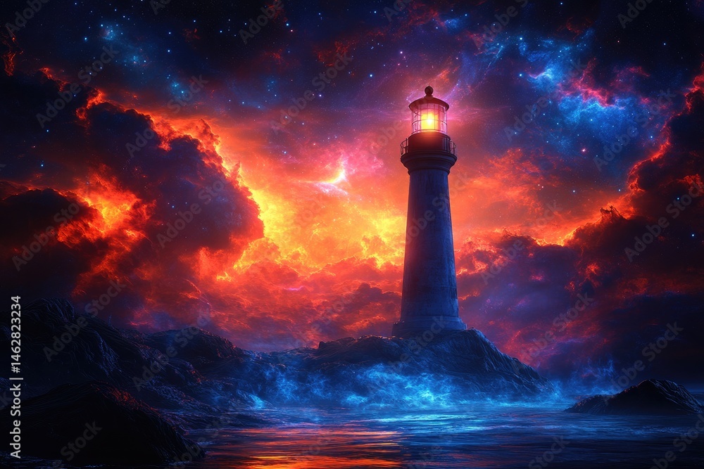 Poster a towering lighthouse shines brightly beneath a colorful celestial display