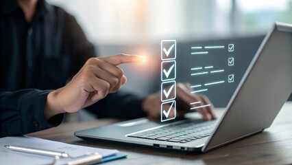 Businessman touching to tick correct mark in checklist with progressive loading status to remind work task progressive for project develop management and tracking concept.