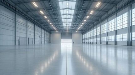 Obraz premium Empty industrial warehouse interior. Vast, modern space, ready for use