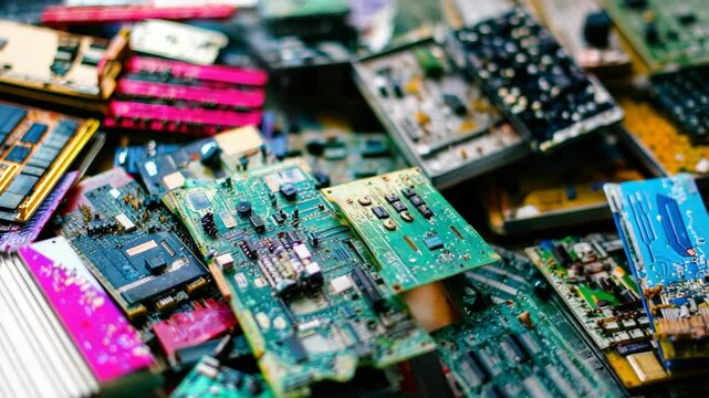 Pile of discarded computer circuit boards and electronic waste creates a textured background.