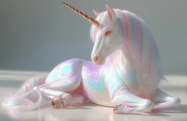 A lone white unicorn is depicted in a state of rest on a white background, characterized by its horn and flowing mane and tail