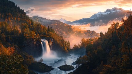 Fototapeta premium A waterfall is flowing into a river in a forest