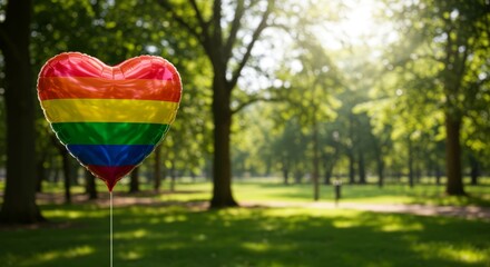 Rainbow colored heart shape balloon in sunlit park representing love and diversity for LGBTQ+ community for celebration of Pride month and pride parades.