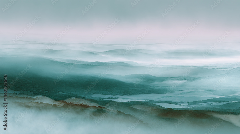 Poster aerial view of misty mountain range with soft light and muted teal and white tones creating depth an