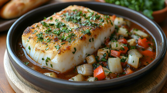 Bacalao a la Vizca?na, Biscayan Cod, served in a deep red sauce with peppers and onions, placed on a ceramic dish