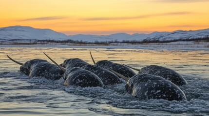 Narwhals swimming Arctic sunset, mountains background, wildlife scene