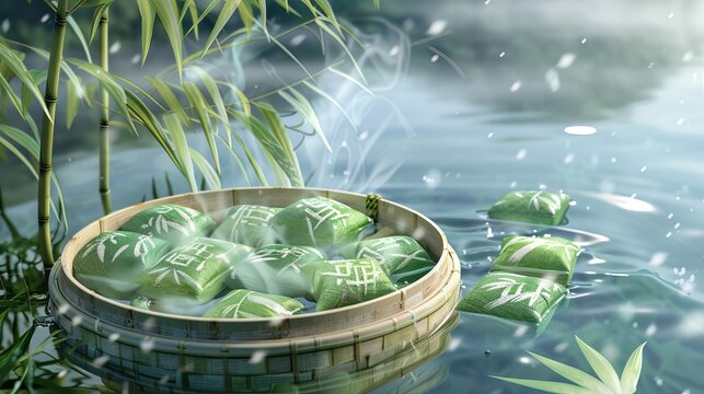 3D fragrance sachets and bamboo leaves float over steamer for Dragon Boat Festival