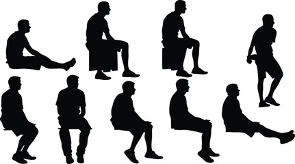 silhouettes of men sitting and standing in various poses, vector illustration for design and animation projects, isolated on white background	
