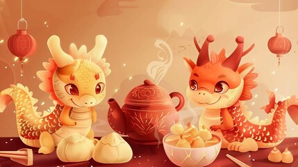 Fototapeta premium Chinese Dragon Boat Festival poster with dragon zongzi mascots teapot and steamer