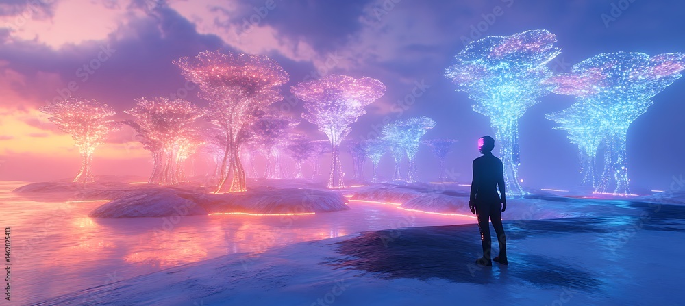 Poster a neon-lit island where ai-controlled holographic trees shift shape