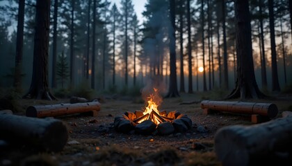 Campfire with Glowing Embers in a Forest Clearing at Dusk