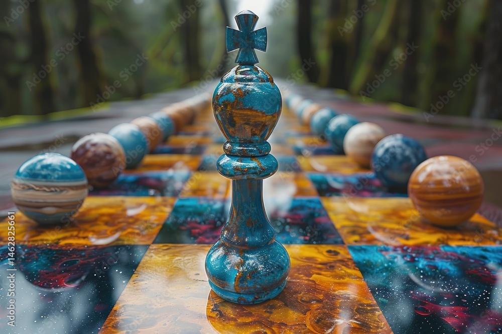 Poster a unique chess set with celestial themed chess pieces