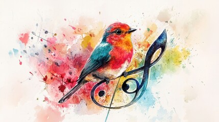A colorful bird is perched on a musical note