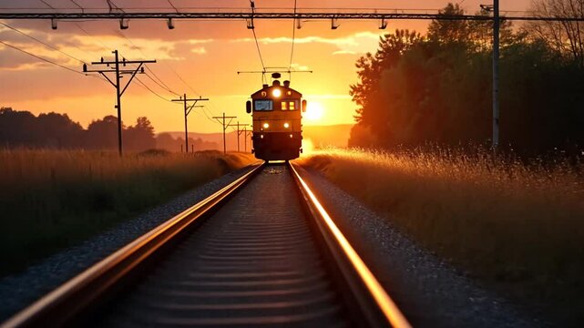 Sunset Train Tracks with a Distant Train
