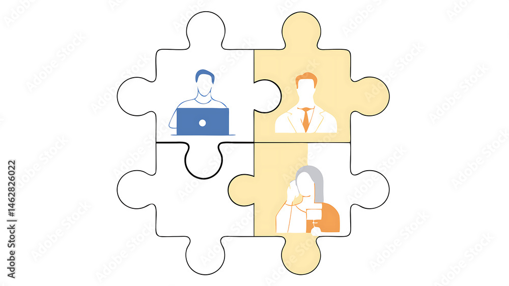 Poster puzzle pieces with different people in business suits in each performing various work tasks isolated