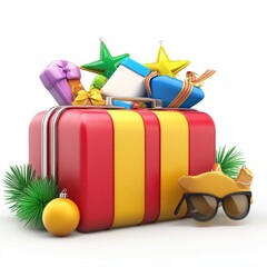 Colorful Christmas gifts and decorations fill a festive suitcase.