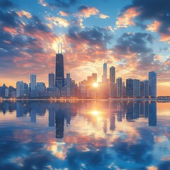 Fototapeta premium Serene river mirrors cityscape under overcast sky view high resolution picture