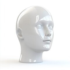 Polished white female mannequin head, studio shot.