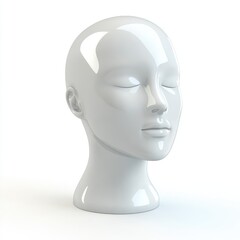 Polished white female mannequin head, serene pose.