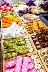 Assorted traditional eastern desserts. Turkish sweet baklava. Arabian sweets. Oriental sweets rahat lokum