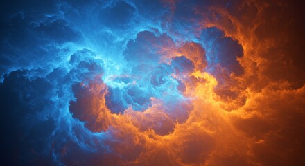 Blue and Orange Swirling Cloudscape - A mesmerizing abstract depicting swirling clouds in vibrant blue and orange hues. Symbolizing duality, energy, conflict, transformation, and cosmic power