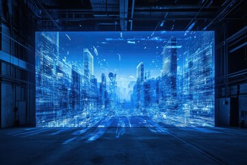 Digital city scape projected in a dark warehouse, illustrating futuristic urban technology and digital transformation.