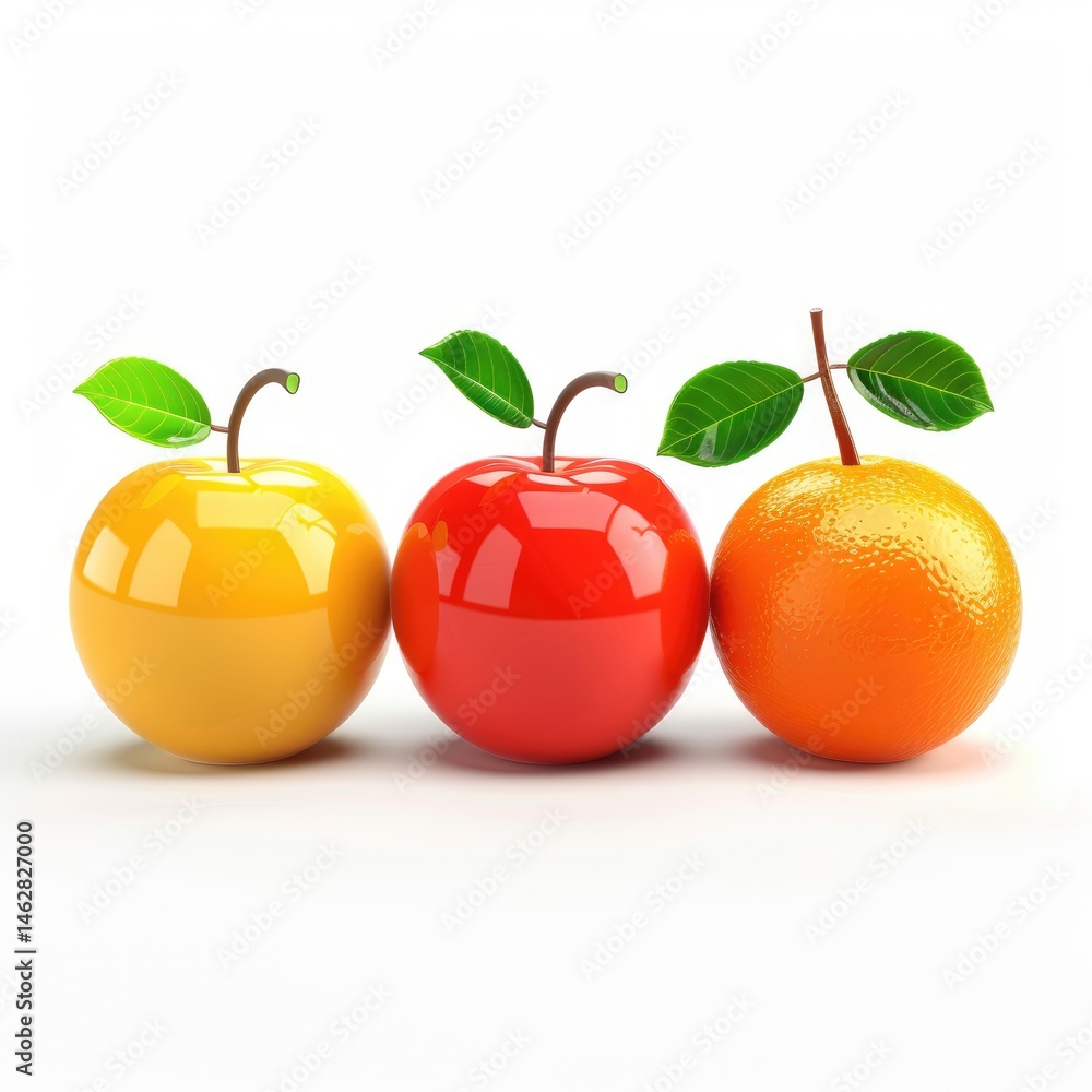 Poster colorful glossy apples and an orange in a horizontal row.