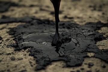 Dark oil flowing staining dry, cracked earth, concept image illustrating pollution, climate crisis and irresponsible resource exploitation