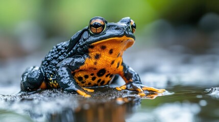 Fototapeta premium Orange-spotted frog by stream, rainforest background, nature photography