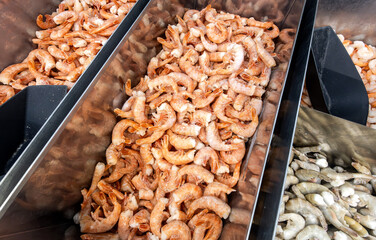 Frozen shrimp are sold in the grocery store