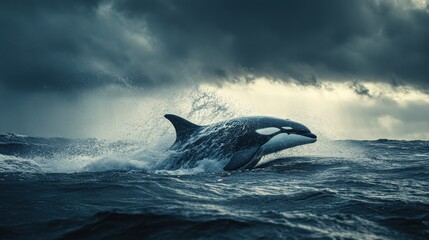 Orca leaping, stormy ocean, wildlife, nature