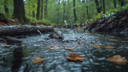 Fototapeta premium Otter swimming in forest stream, autumn leaves, rainy day, nature wildlife
