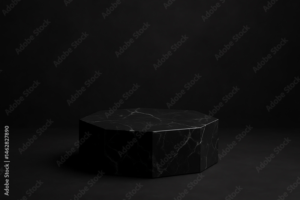 Poster a minimalist black marble hexagonal object on a dark background, showcasing elegant design and textu