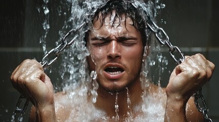 Fototapeta premium Man with chains under water, eyes shut, face wet