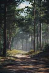 Obraz premium Serenity in the Pines: An Enchanting Forest Retreat that Invites Tranquility and Connects You with Nature's Serenity and Beauty Amidst Tall, Towering Trees and Rustic Earthy Aromas