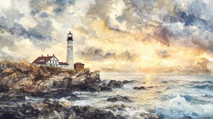 A lighthouse is on a rocky shoreline with the ocean in the background