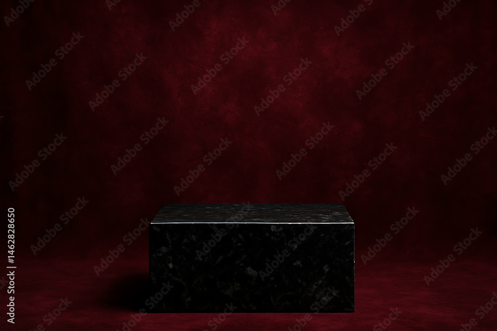 Poster a sleek black box stands against a rich, red textured background, creating a striking contrast and a