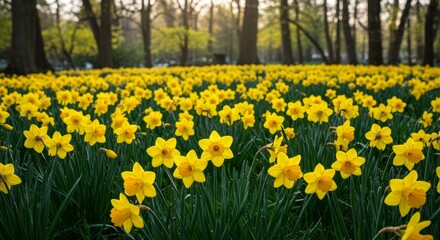 Obraz premium Daffodil Field in Spring - A vibrant field of yellow daffodils blooming in a park, bathed in sunlight. Beautiful spring scene