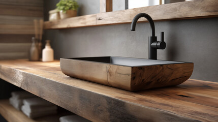 Rustic wood bathroom sink with matte black fixtures and ambient lighting