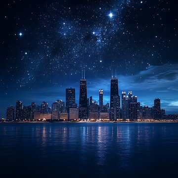 Stars shining brightly above tall city buildings high resolution picture