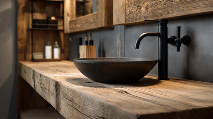 Rustic wood bathroom sink with modern black fixtures and ambient lighting