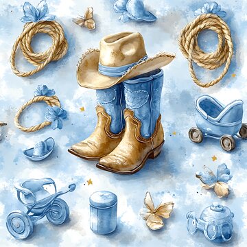 Watercolor Cowboy Baby Shower Seamless Pattern Background High Resolution Images
