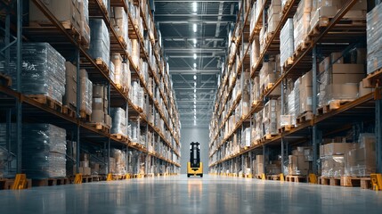 Modern Warehouse Interior Logistics Storage Inventory Rows Shelves Forklift Industrial Building Business Distribution Center Efficient      