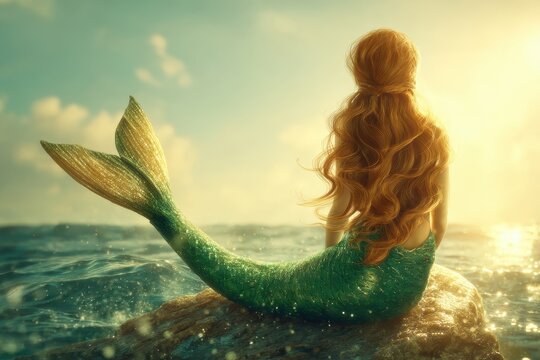 An  image features a selkie with a refined physique and a dazzling coat, perched on a rocky outcrop by the sea, as the sun dips below the horizon and waves crash against the shore