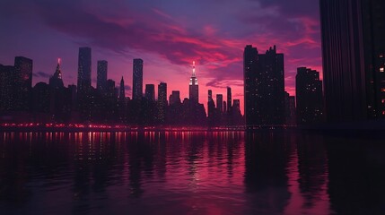 Fototapeta premium Sunset cityscape with vibrant water reflections view high resolution picture